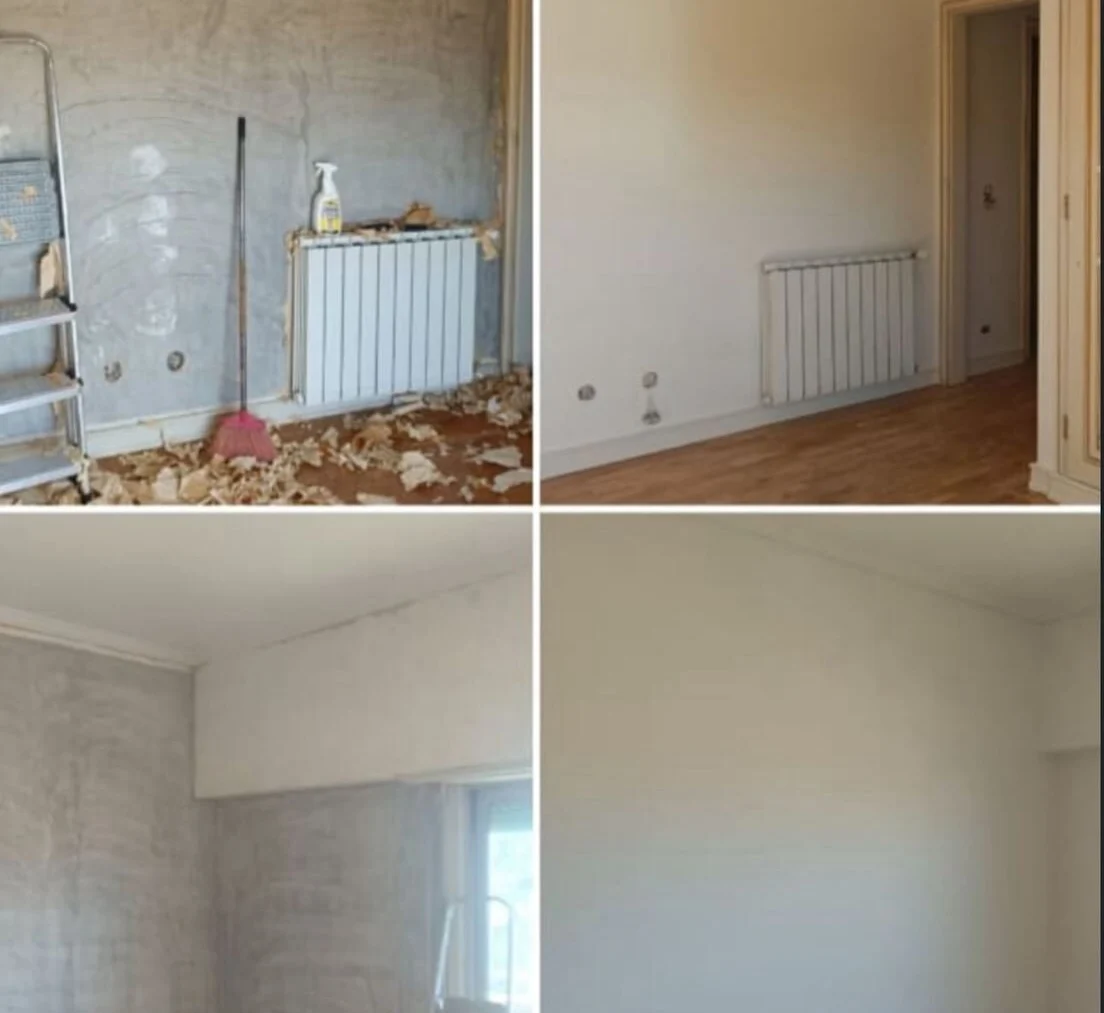 Before and after — walls hacked back, levelled and painted