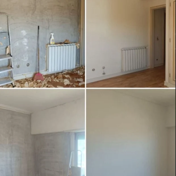 Antes e depois — paredes picadas, regularizadas e pintadas