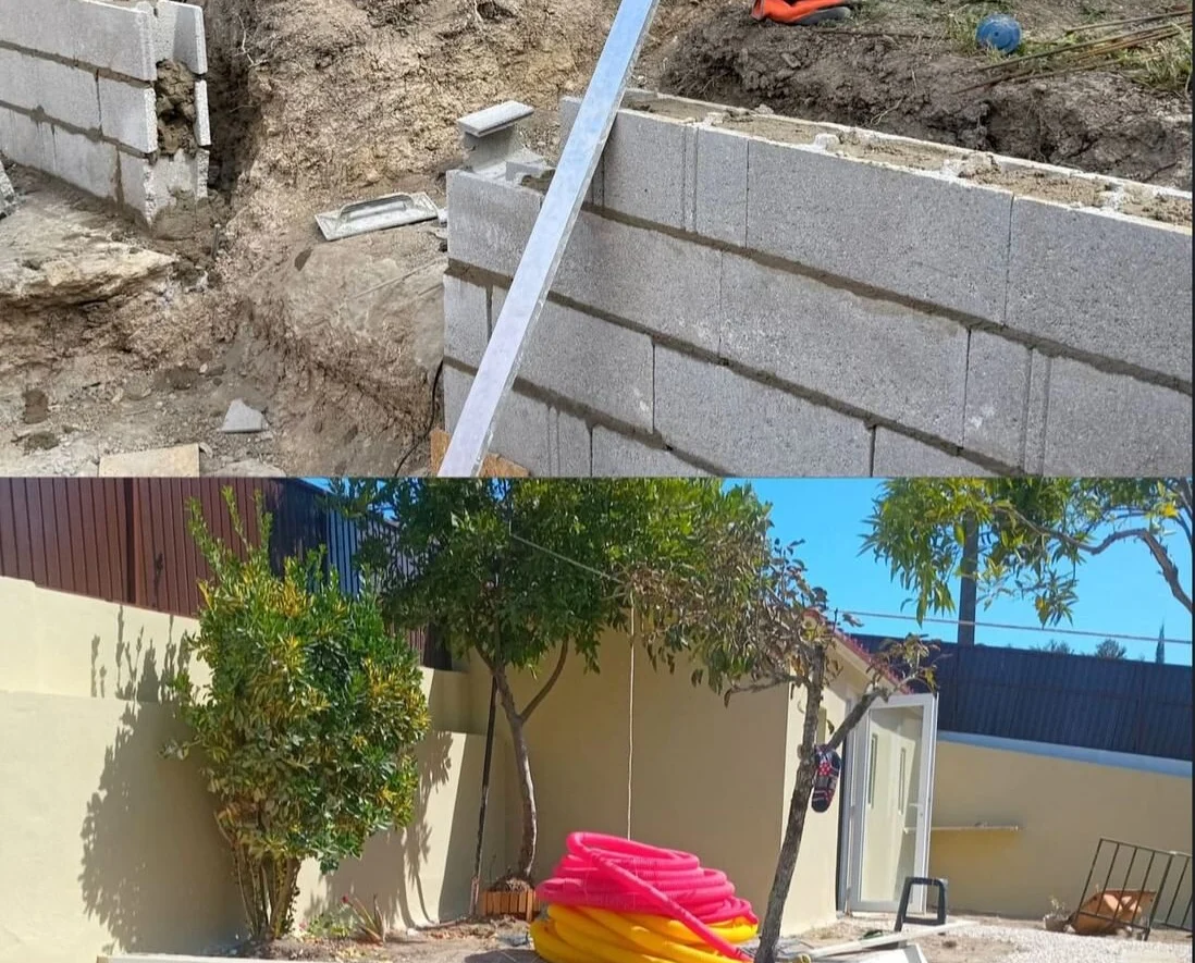 Antes e depois — muro de contenção, do bloco à pintura final