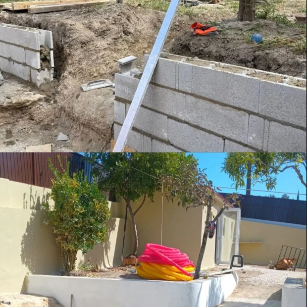 Antes e depois — muro de contenção, do bloco à pintura final