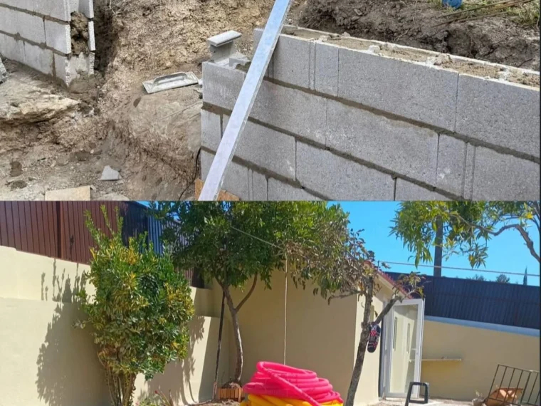 Before and after — retaining wall, from blockwork to the final coat