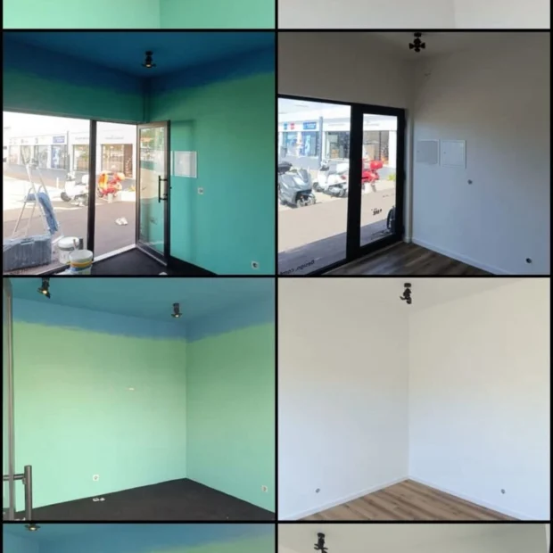 Antes e depois — preparação de paredes e tetos, pintura e pavimento novo