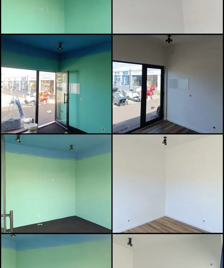 Before and after — walls and ceilings prepared, painted, and a new floor