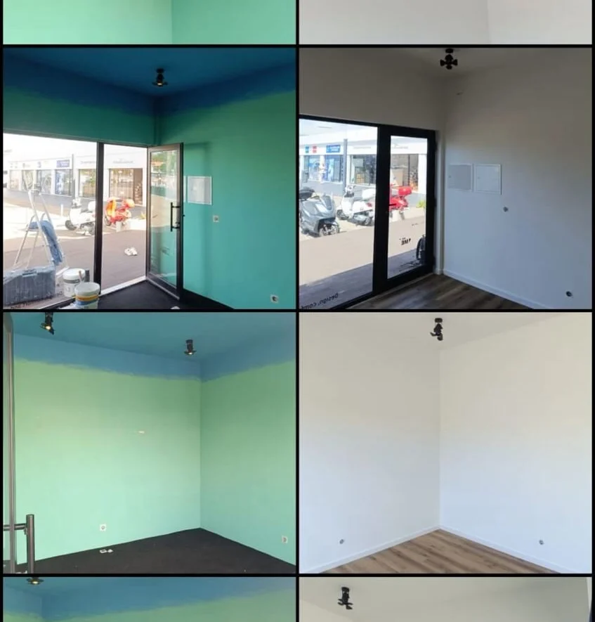 Antes e depois — preparação de paredes e tetos, pintura e pavimento novo